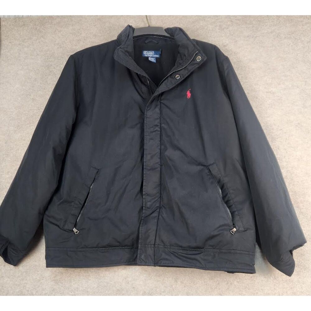 Polo Ralph Lauren Jacket Mens XL Black Full Zip Hidden Hood Fleece Lined Bomer